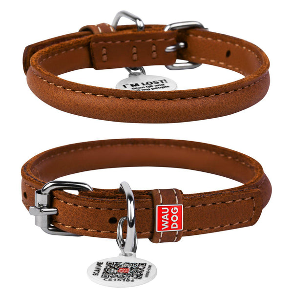 Rolled Leather Dog Collar - Brown - XS